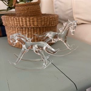 Vintage pair of art glass rocking horses, clear glass